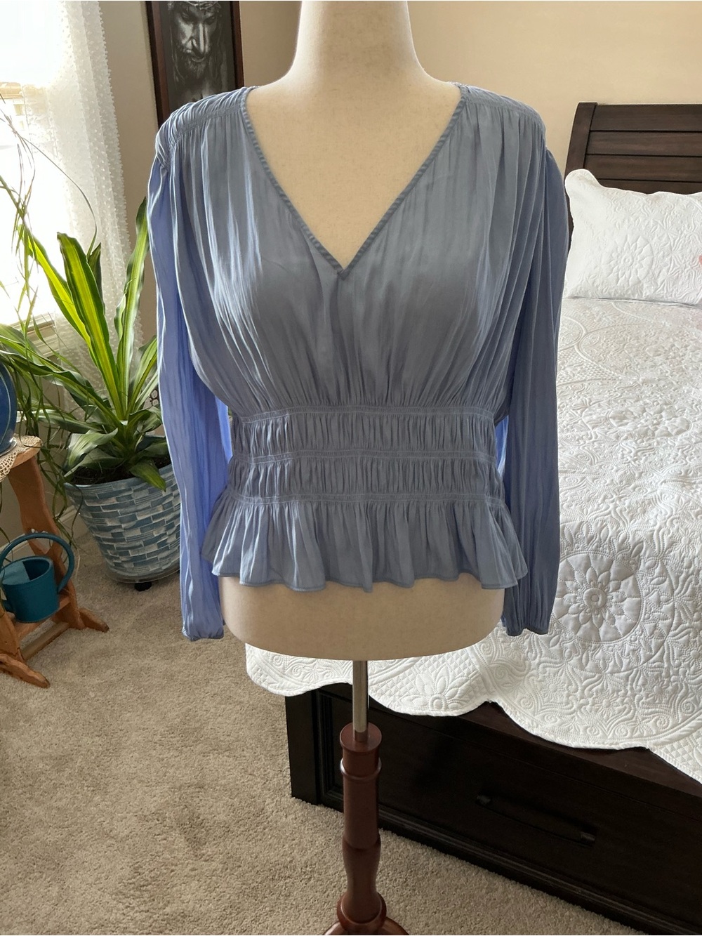 Universal Thread Light Blue V-Neck Smocked Waist Peplum Blouse